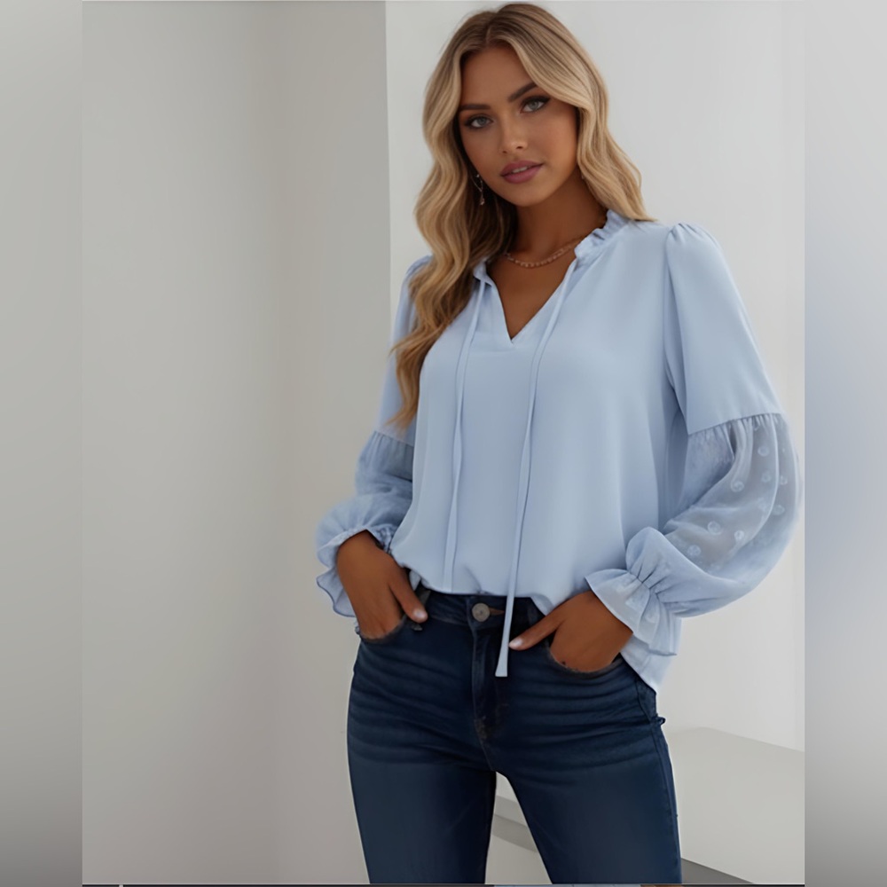 Blue Swiss Dot Frill Trim Blouse